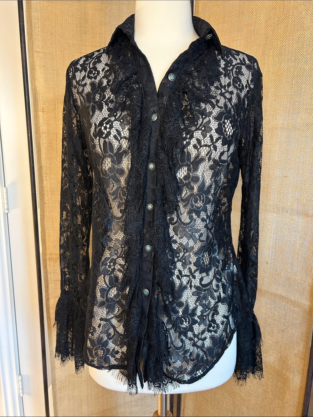Tasha Polizzi Estate Black Sheer Lace Blouse dramatic bell cuffs Size Small - Picture 16 of 16